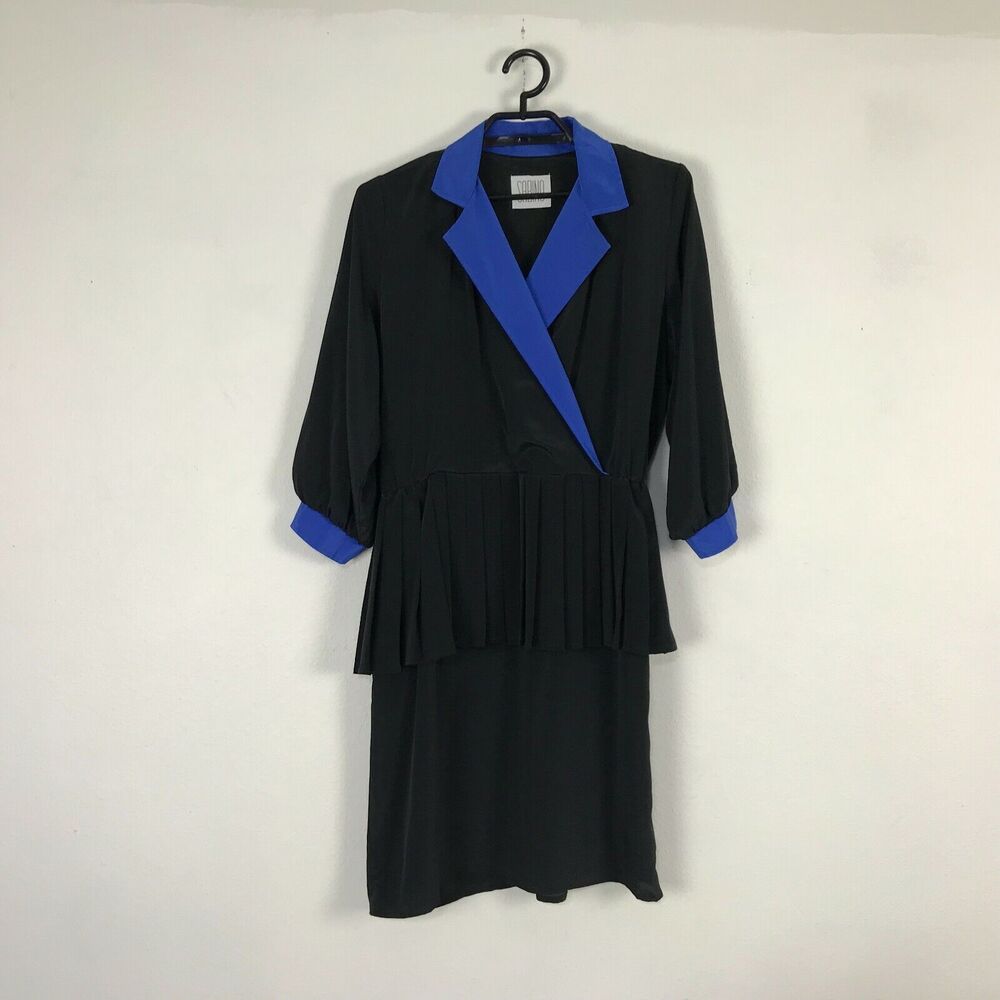 Vintage 1980s Sabino‎ Dress Size 10 Black Blue Colorblock Peplum 3/4 Sleeve